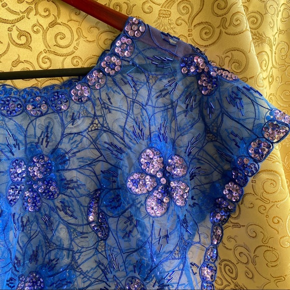 Blue Sequined Beaded See Through Top - Picture 3 of 6